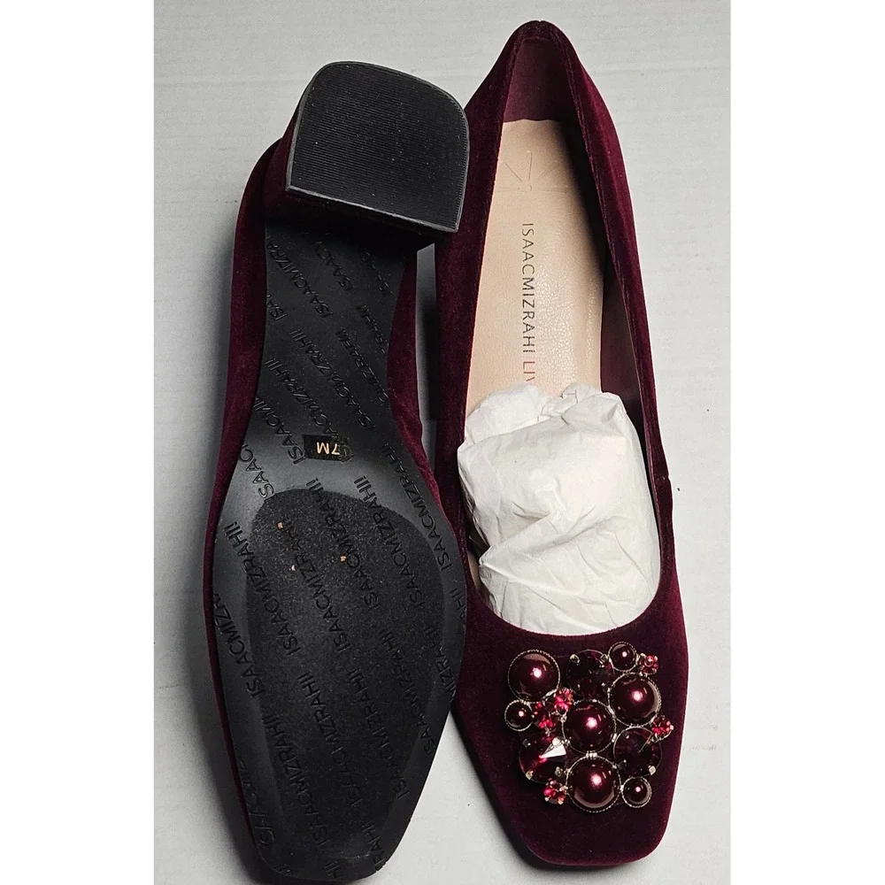 Isaac Mizrahi Live Embellished Velvet‎ Block Heel Pumps Wine Burgundy Womens 7M